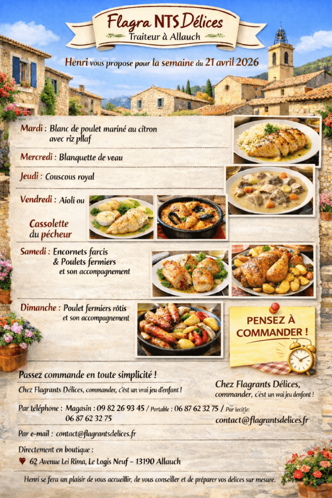 affiche plat de la semaine du 21 avril du traiteur Flagrants Délices à Allauch